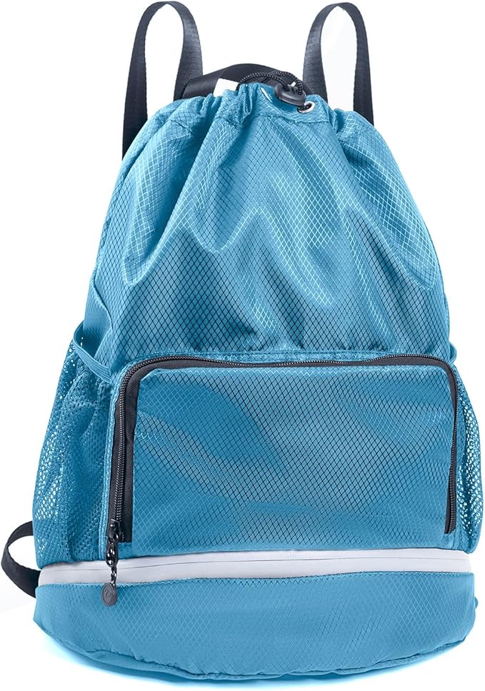 Swim Essentials Beach Gym Bag - Drawstring Backpack with Shoes Compartment and Waterproof Pocket for Kids, Men - Workout Bag
