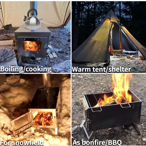 DANCHEL OUTDOOR S6 Portable Folding Hot Tent Camping Stove, 304 Stainless Steel Small Tent Wood Stove with 7.2ft Pipe for Winter Survival,Cooking, Backpacking