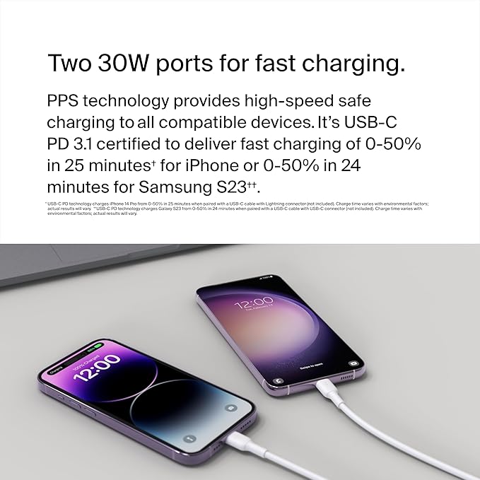 Belkin Dual USB C Charger Block 60W (2 Pack) w/PPS Super Fast Charging - Samsung Galaxy S25, Apple iPhone 16, iPad, Google Pixel, Nintendo Switch 2 - White