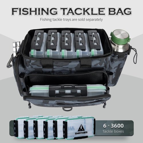 Ghosthorn Fishing Tackle Bag with Rod Holder Saltwater & Freshwater Resistant Tackle Box Bag - Adjustable Padded Shoulder Strap (Black Camouflage)