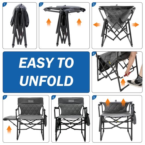 Outerspa Oversized Directors Chairs Heavy Duty Folding Outdoor Chairs with Detachable Side Pocket and Adjustable Side Table for Outside,Lawn,Fishing, Folding Camping Chair up to 350Lbs Capacity (Grey)