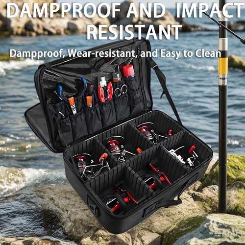 MZTXY Fishing Reel Case - Water-Resistant Backpack with Shockproof Dividers & Multiple Pockets for Ice Fishing Gear Storage & Trip/Daily Storage