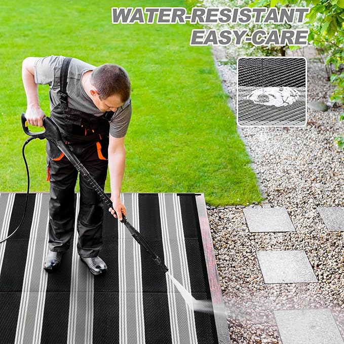 Lahome Striped Outdoor Plastic Straw Rug, Reversible Outdoor Rug Waterproof 9x12 Rugs for Patio, RV Camping Rug Picnic Mat Outside Large Carpet for Beach Deck Backyard Balcony(Black/Grey,9'x 12')