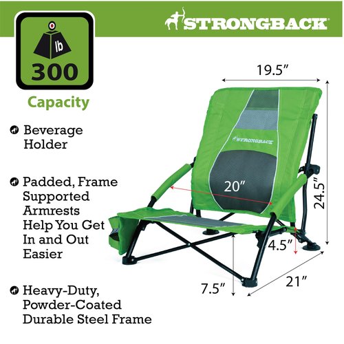 STRONGBACK Low Gravity Beach Chair with Built-in Lumbar Back Support - Heavy Duty Portable Folding Beach Chair for Adults - Lime Green
