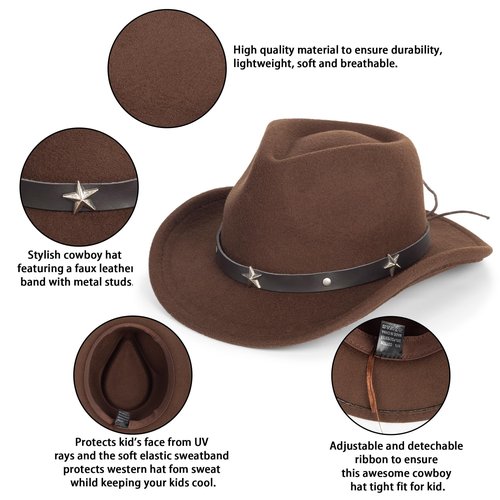 Eohak Kid Western Cowboy Hat Felt Cowgirl Fedora Hat with Buckle Belt for Boys Girls 4-8 Years