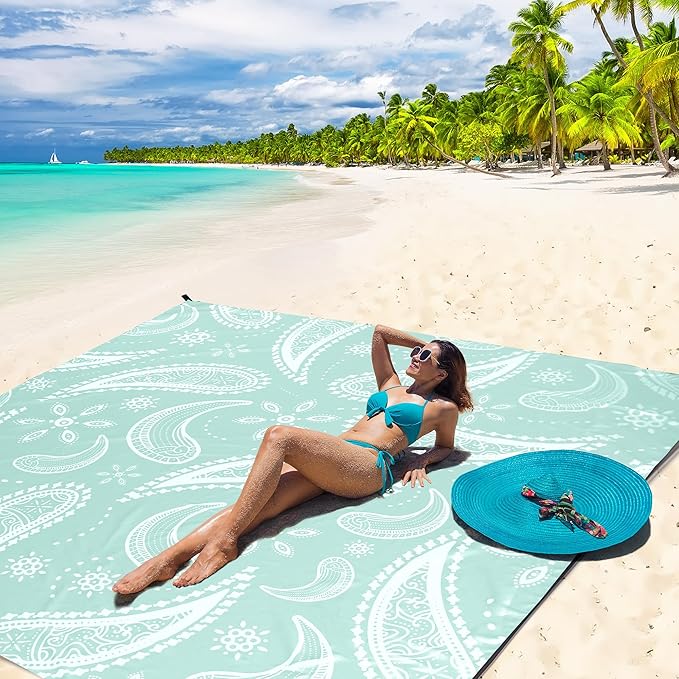 Beach Blanket Sandproof Extra Large Beach Mat Adults Waterproof Quick Drying Sand Free Mat Made by Premium Polyester with 4 Stakes & 4 Corner Pockets for Outdoor Travel Camping Hiking