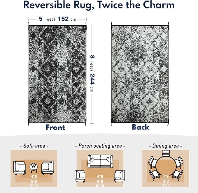 Waterproof Outdoor Rug 5x8 ft, Reversible Plastic Straw Rug, Easy to Clean Patio Rug, Portable Carpet for Patio, RV, Deck, Balcony, Backyard, Picnic, Beach, Mosaic, Gray