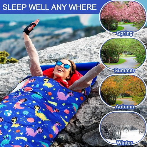 Camping Sleeping Bag for Kids 3 Season Warm Cool Cold Weather Waterproof Sleeping Sack for Boy Girl with Carry Bag Adult Travelling Outdoor Camping Gear Equipment(Space Dinosaur,Blue)