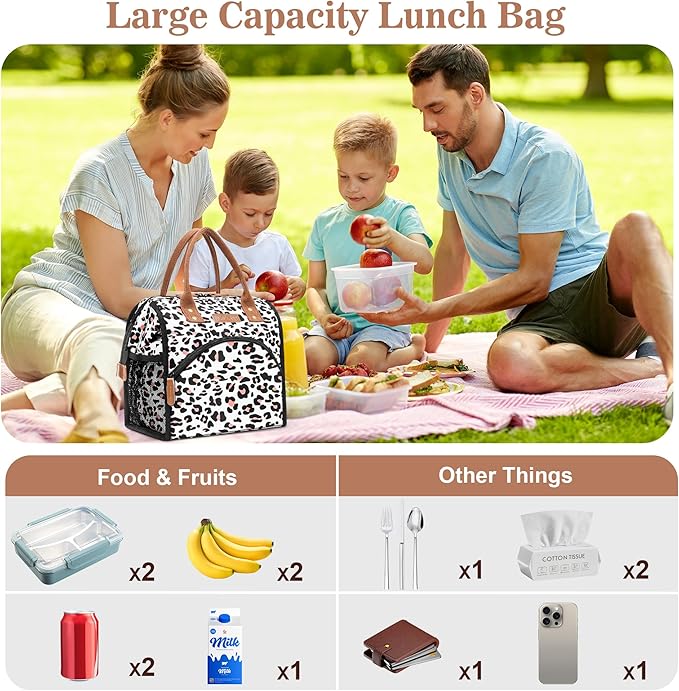 LOKASS Lunch Bag Women Insulated Lunch Box Wide-Open Lunch Tote Bag Large Cooler Bag for Work Picnic Hiking Beach Fishing（Leopard）