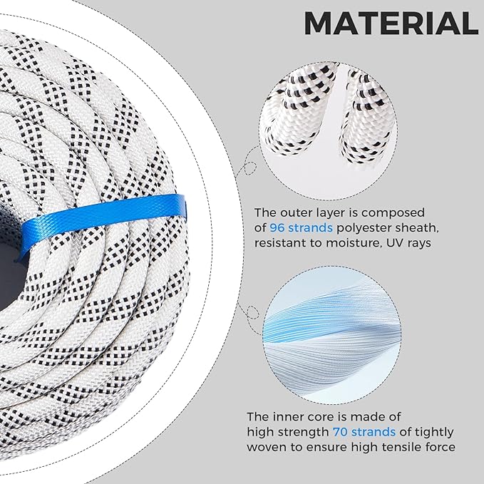 1/2 Inch 50ft Double Braided Polyester Arborist Rope, Heavy Duty Nylon Rope for Anchor, Tree Work, Cargo, Pulling, Sailing(White)