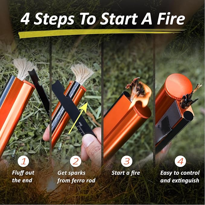 Flint and Steel Fire Starter Kit 7-in-1 Ferro Rod Fire Steel Bushcraft Equipment, Portable Survival Magnesium Kit with 36" Waterproof Wick Rope, Multi Tool Scraper, Compass for Camping Hiking