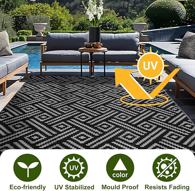 OPPODREAM Outdoor Rug 6x9 Ft, Waterproof Outdoor Plastic Straw Rug for Patio, Reversible Out Door Carpet for Camping, Deck, Rv, 6 x 9 Area Carpet for Balcony, Porch, Backyard, Black and Beige