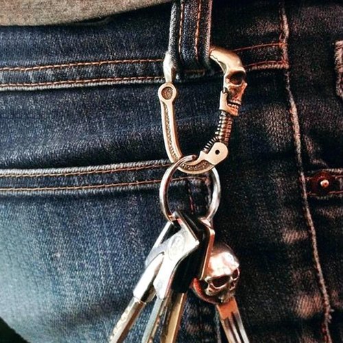 Metal Skull Keychain, Skull Carabiner with Articulated Cervical Column Clasp, Heavy Duty Stainless Steel Cool Carabiner, Skull DIY Accessories for Climbing Hiking Backpacking (Silver)