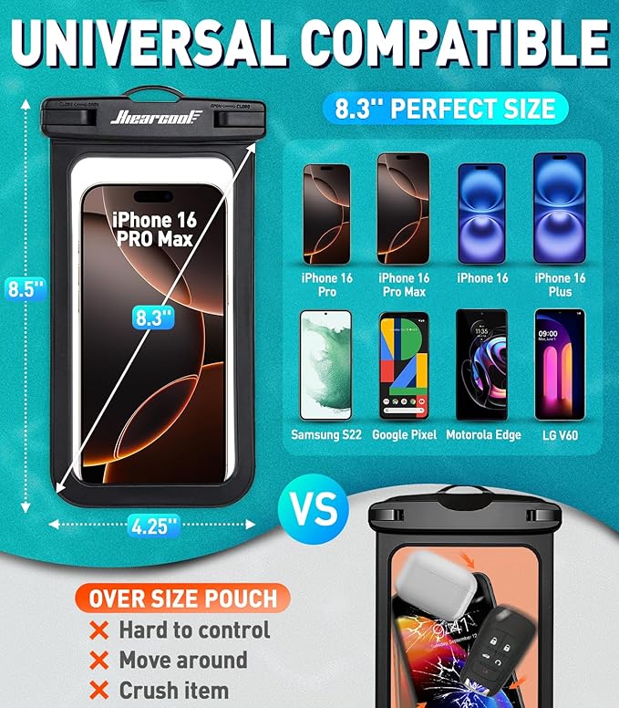 Hiearcool Waterproof Phone Pouch, Waterproof Beach Bag Compatible for iPhone 16 15 14 13 Pro Max, IPX8 Cellphone Travel Essentials for Beach -Black & Sky Blue-2Pack