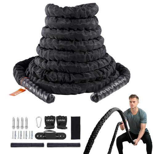 VEVOR Battle Rope - 1.5 Inch Diameter, 30Ft Length Polyester Exercise Rope with Protective Sleeve & Anchor for Home Gym Core Strength Training