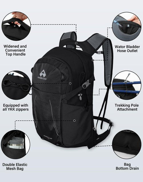 Pioneer Camp Hiking Backpack 22L Small Hiking Hydration Gear Lightweight Camping Backpack Travel Daypack for Women Men Outdoor Bag for Biking Climbing(Black;22L)