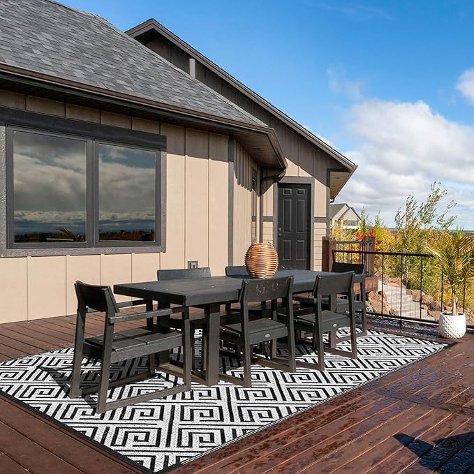Outdoor Patio Plastic Straw Rug - 6'x9' Outdoor Camping Rug Waterproof Reversible, Area Carpet Patios Clearance RV, Outside Porch Balcony Deck for Camper, Stripe Black & White