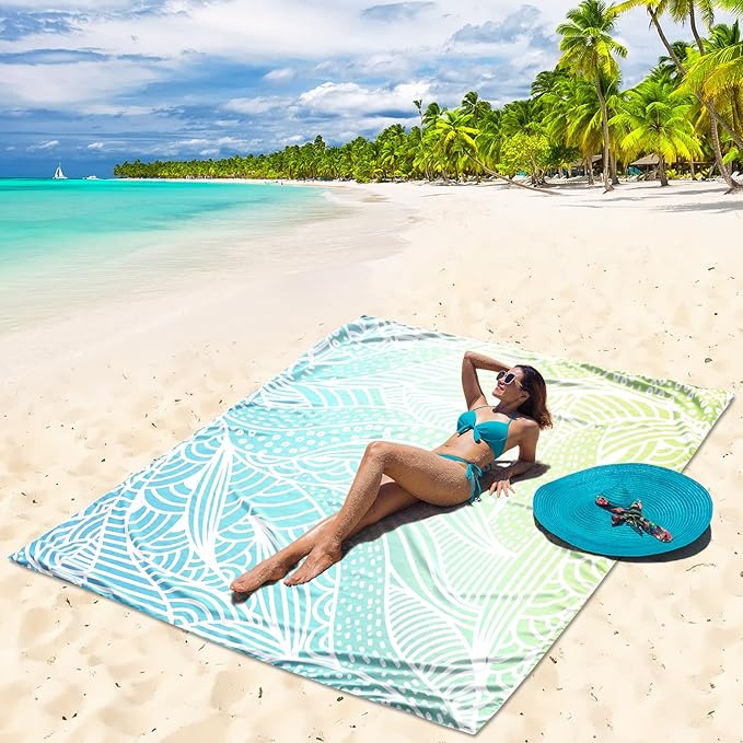 Beach Blanket Waterproof Sandproof Beach Mat 79”x 83” for 1-4 Adults Quick Drying Durable Outdoor Picnic Mat for Beach Festival Travel Camping Hiking (Gradiant BL&GN-Ripple, 79"×83"(4 Person))