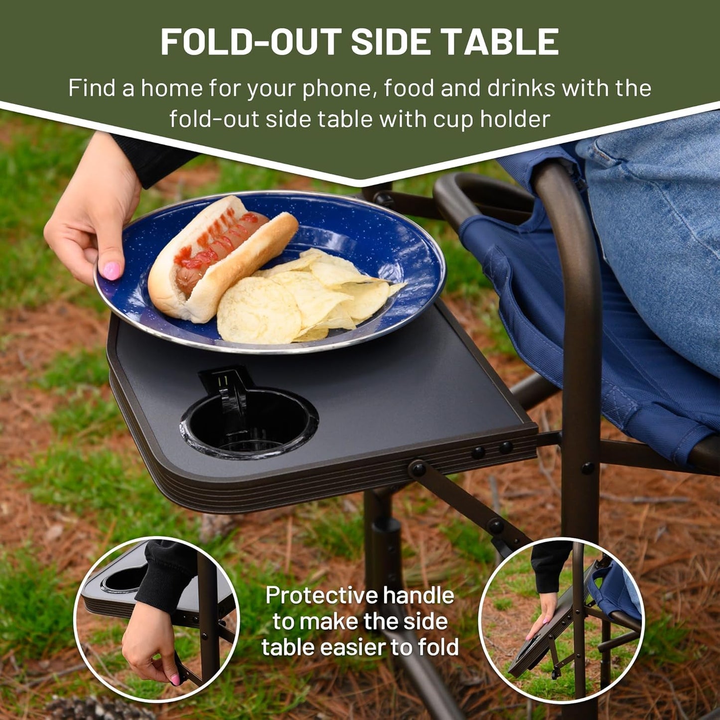TIMBER RIDGE Lightweight Camping Chair, Portable Laurel Director's Chair with Foldable Side Table, Cooler Bag & Mesh Pocket, Compact Outdoor Folding Lawn Chair, Supports 300lbs, Grey