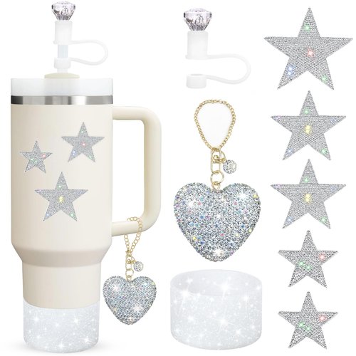 Etyishe 8 Pcs Cup Accessories Set for Cup 40&30oz,Including Diamond Straw Cover,Glitter Silicone Boot,Glitter Heart Charms for Handle and 5pcs Rhinestone Star Stickers for Tumblers(Silver)