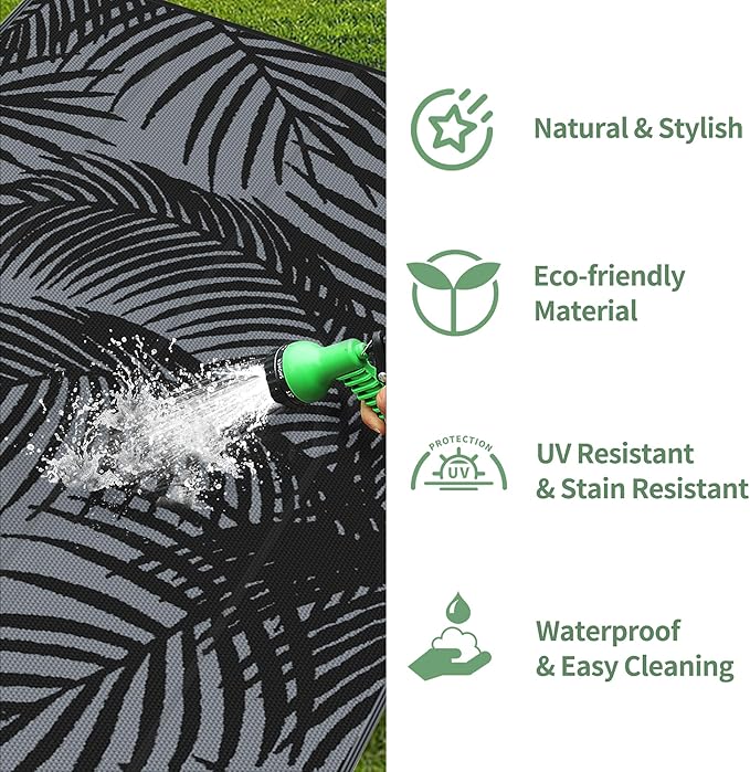 GENIMO Outdoor Rug 9' x 12' Waterproof for Patio Clearance, Reversible Plastic Straw Camping Carpet, Lightweight Mats for Rv, Backyard, Deck, Porch, Picnic, Beach, Balcony, Mix-Black & Gray