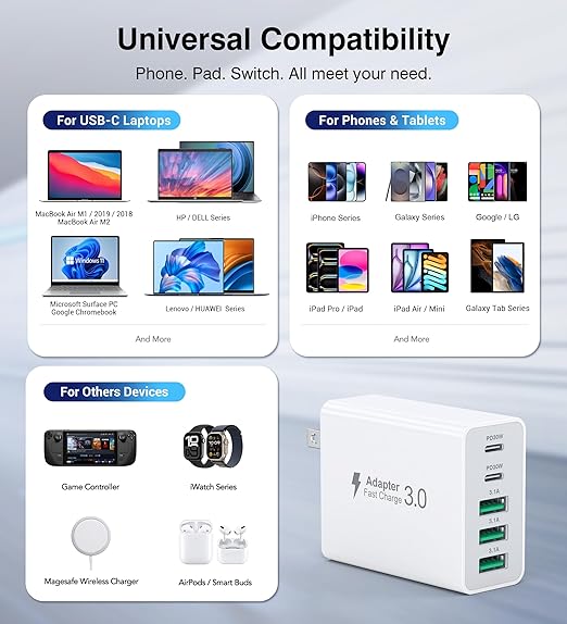 60W Fast Charger Block,2-Pack USB C Wall Charger,5-Port Dual 30W PD Charging Adapter+QC 3.0 Wall Plug Multiport Total Power 60W Type C Charging Cube Brick for iPhone 16/15/14/13/Pro Max,iPad,Galaxy