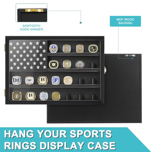 Sports Ring Display Case 11"x15", Commemorative Storage Box HD Acrylic Glass for 22 Championship Rings, Wooden Baseball Ring Holder with Flag for Footabll Softball Superbowl Trophy Rings Souvenir