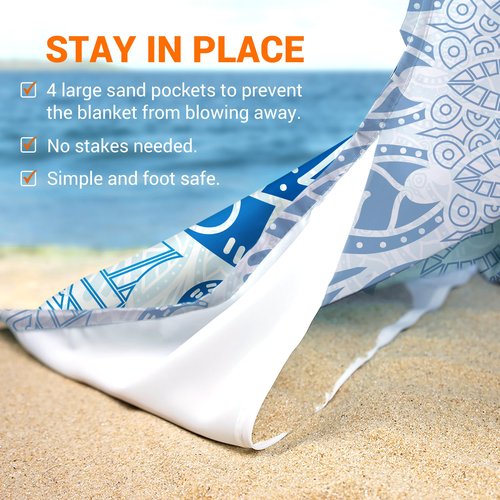 Zingtto Silky Soft 108"x84" Sand Proof Beach Blanket Sand Proof Mat with Corner Pockets and Fashion Mesh Bag for Beach Party, Travel, Camping and Outdoor Music Festival, Boho Blue Mandala