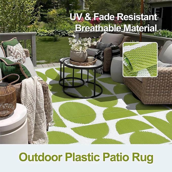Wonnitar Outdoor Rugs 8x10 Waterproof Plastic Straw Rug, Large Outdoor Camping Rug for RV, Reversible Portable Outside Lightweight Area Rug for Backyard Balcony Beach Picnic (Green,8'x10')