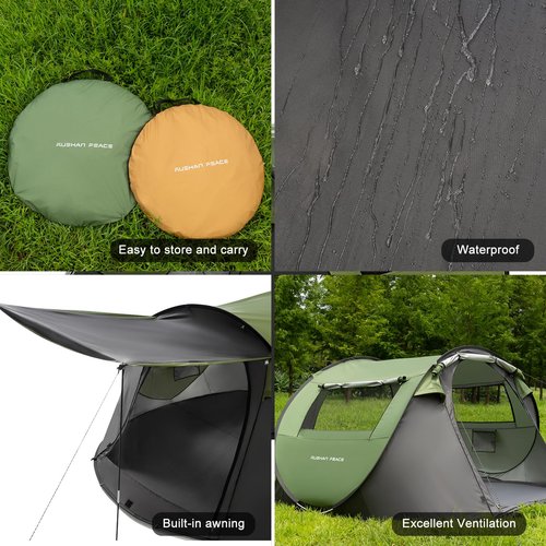 RUSHANPEACE Instant Tent for Camping, Pop Up Tent, Water Resistant Dome Tent, Easy Setup for Camping Hiking and Outdoor, Portable Tent with Carry Bag, Family Tent for 3 Seasons (Black+Green), Large