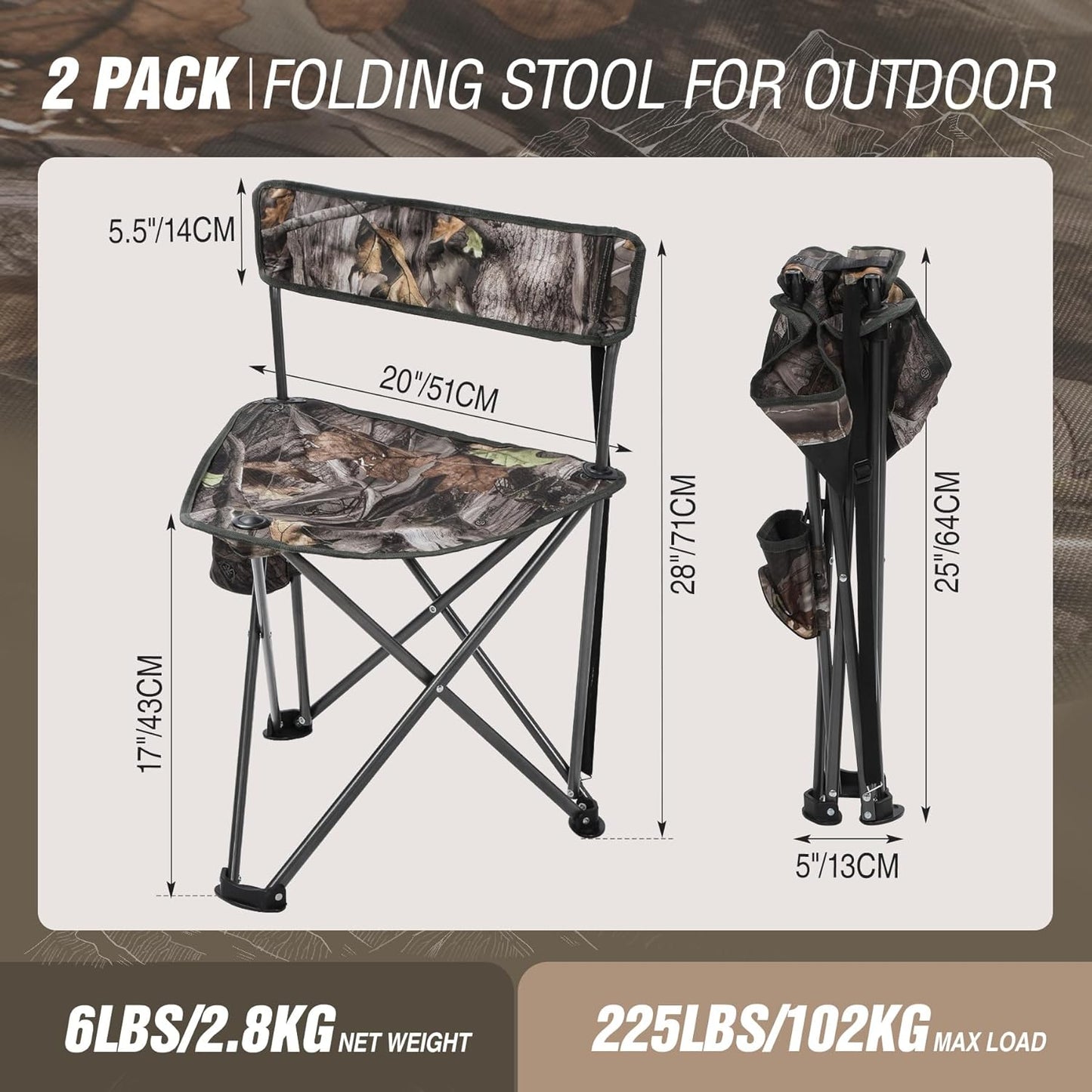 REDCAMP 2 Pack Tripod Hunting Chairs for Blinds, Folding Lightweight Portable Fishing Chair for Adults Hunting Stools with Backrest, Golf Chairs for Spectators, Camo