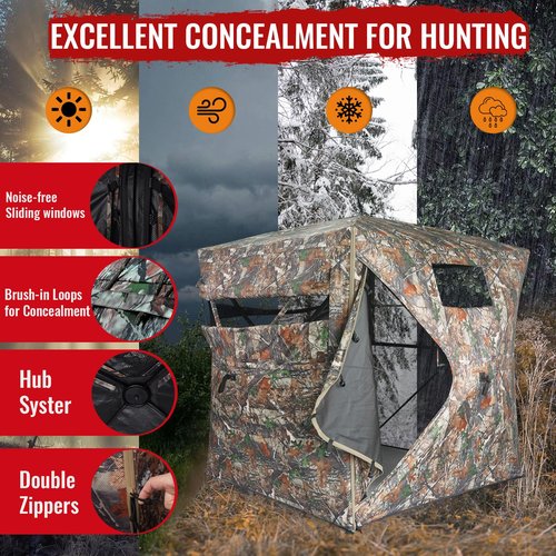Zoebruzer Pop-Up Hunting Blind with Seat & Carrying Bag, 2-3 Person 300D Ground Blind, 270° View Portable Camo Tent for Deer & Turkey Hunting, Durable & Lightweight Design