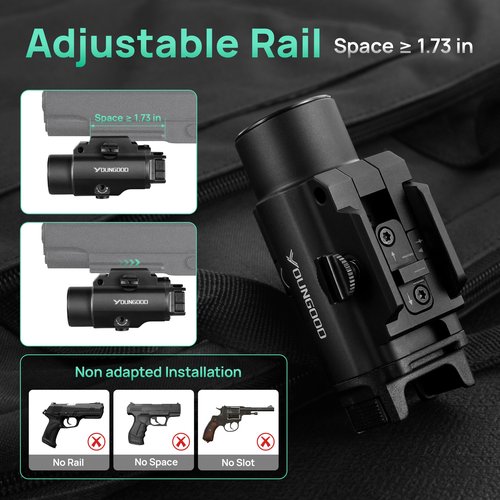 YOUNGOOD 2500 High Lumens Pistol Laser Light Combo, Tactical LED Flashlight, Adjustable Picatinny Rail Mount Airsoft Handgun Green Laser Weapon Llights, Type-C Rechargeable SIG Gun Flashlights