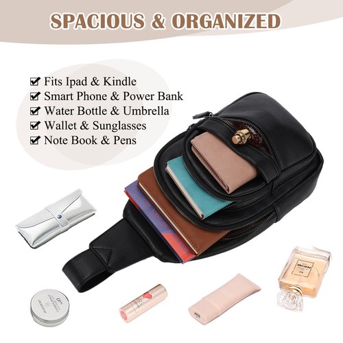 RAVUO Sling Bag, PU Leather Crossbody Backpack for Women Men Casual Hiking Daypack Multipurpose Chest Bag for Work College Black