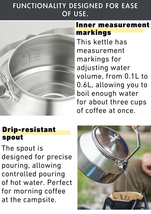 CAMPINGMOON 1L Campfire Kettle Seamless One-Piece Stainless Steel Wide Bottom Wide Spout Integrated Molding Camping Outdoor Water Boiler SW-1