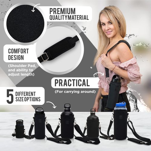 Made Easy Kit Water Bottle Carrier Insulated Neoprene - Adjustable Padded Shoulder Strap - Sling Pouch for Glass Bottle, Stainless Steel Tumbler - 5 Sizes (Black, Tall Large)