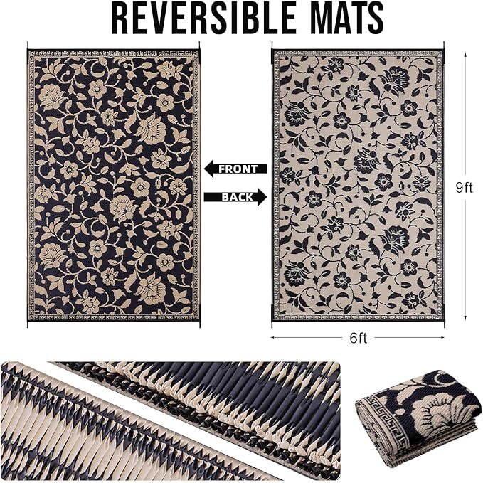 OLANLY Waterproof Outdoor Rug 6x9 ft, Outdoor Plastic Straw Rug with Flower Pattern, Reversible RV Mat for Patio, Camping, Balcony, Deck, Backyard, Black & Beige