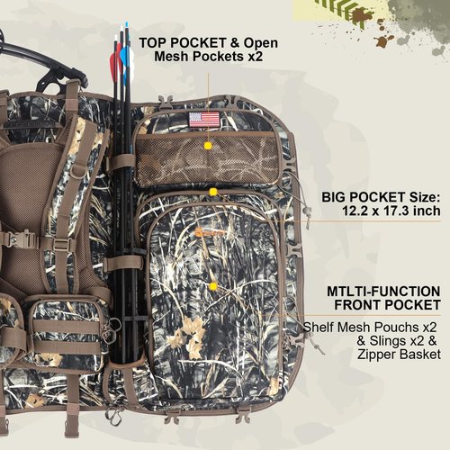 FunVZU Hunting Backpacks for Men, Saddle Hunting Bag with Bow Holder, Large Compound Bow Hunting Backpack & Duffle Bags, Deer Hunting Backpack with Rifle Holder (Marsh Reed)