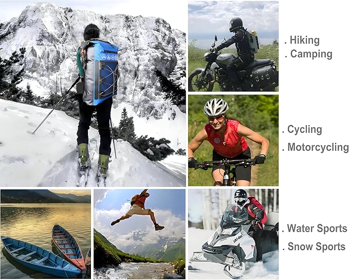 Waterproof Floating Backpack, Expandable 25L-30L Egronomic Dry Bags, Multipurpose Daypacks for Hiking, Camping, Water sports, Snow Sports (Blue+Black)
