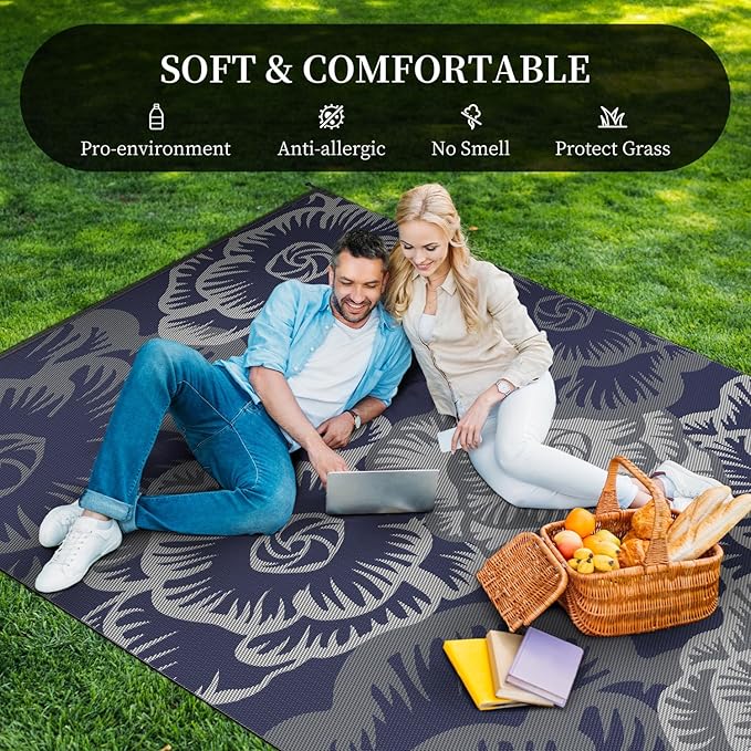 MontVoo Outdoor Rug-Waterproof Patio Rug Mat 5x8 Outdoor Carpet Mat Reversible Plastic Straw Outside Outdoor Rug for RV Camping Picnic Beach Balcony Backyard Pool Deck Farmhouse Floral Navy Blue