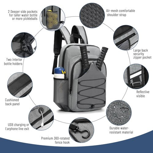 Pickleball Backpack with Ventilated Racket Compartments, Gray