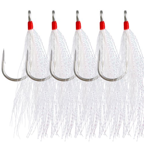 Bucktail Teaser Fishing Hooks,5pcs Saltwater Flounder Rig Stainless Steel Fishing Jig Hooks Bucktail Mylar Flash Teasers Inserted for Striper Catfish Cod Flounder Hi/Lo Rig