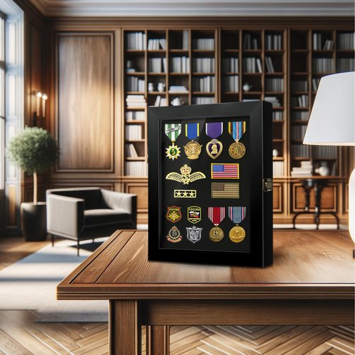 Pin Display Case, 11 x 14 Solid Wood Lapel Pin Display Box with HD Tempered Glass for Military Medal Badge Velcro Patch Board