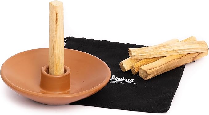 Luna Sundara Authentic Peru Pottery Palo Santo Stick Holder and Incense Holder Includes 5 Palo Santo Sticks Handmade Ceramic Smudge Bowl Sage Holder Palo Santo Holder (Brown)