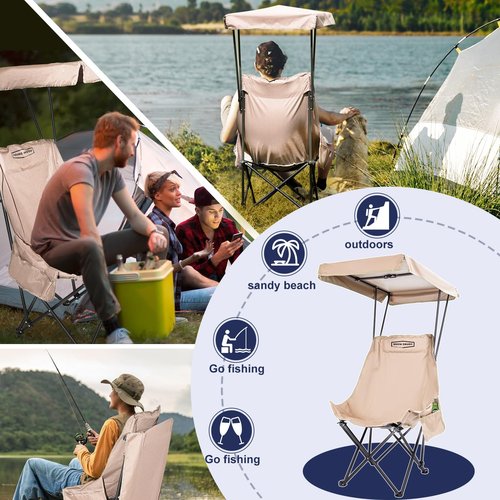 YOUNG WOOD Portable Camping Chair Beach Chair with Shade Canopy, Fold Lightweight Oversized Suit for All, Easy to Open,Close Without Installation, Side Pocket Design for All Outdoor Activities,Khaki