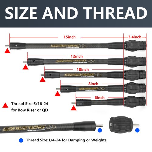 AMEYXGS Archery Bow Stabilizer for Compound Bow, 3K Carbon Fiber 6", 8", 10", 12" Rods, Damping System, Weights Kit, Single Side V-Bar Mount,Quick Disconnect (10″)