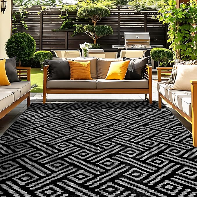 OPPODREAM Outdoor Rug 5x8 Ft, Waterproof Outdoor Plastic Straw Rug for Patio, Reversible Out Door Carpet for Camping, Deck, Rv, 5 x 8 Area Carpet for Balcony, Porch, Backyard, Black and Grey