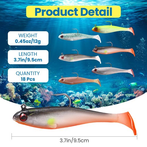 Mimorou 18 Packs Soft Fishing Lures for Bass Fishing Pre-Rigged Jig Head Paddle Tail Swimbaits Bass Lures for Crappie Trout Walleye Saltwaterr Freshwater