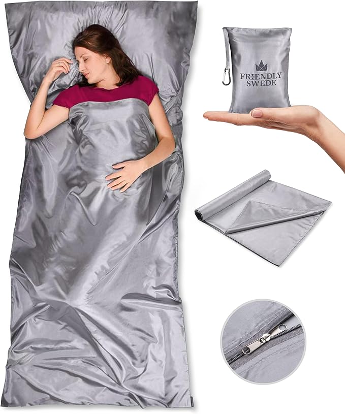 The Friendly Swede Sleeping Bag Liner — Ultralight Polyester or Cold Weather Microfiber Adult Sleep Sack; Thin Travel Sheets for Hotel; Camping Sheets; Travel Sleeping Bag with Pocket-Size Stuff Sack