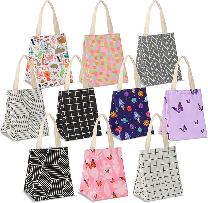 Berlune 20 Pcs Insulated Lunch Bag Bulk 8.3 x 6.7 x 10.24 Inch Reusable Portable Lunch Tote with Aluminum Foil Thermal Cooler Bag for Kids Women Men Office School Picnic, 10 Styles